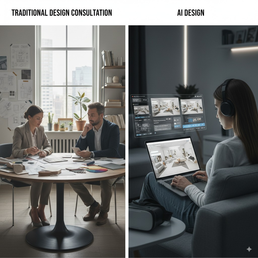 Split-screen hero image: Left side shows a traditional interior design consultation with an older male designer in a suit sitting across from a young couple at a mahogany desk covered in fabric samples, floor plans, and color swatches in a formal office setting with diplomas on the wall. Right side shows a modern millennial woman in casual clothes sitting comfortably on her couch with a laptop, smiling as she views multiple colorful room designs on her screen, with her actual living room visible in soft natural lighting behind her.