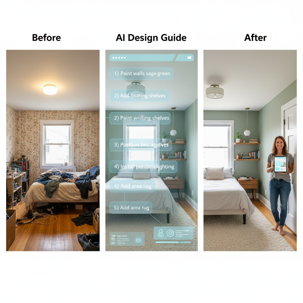 Three-panel transformation showing DIY renovation progress: LEFT PANEL "Before" - cluttered spare bedroom with mismatched furniture, poor lighting, clothes scattered, outdated wallpaper. CENTER PANEL "AI Design Guide" - shows the AI-generated design plan overlaid on the room with numbered callouts: 1) Paint walls sage green, 2) Add floating shelves, 3) Position bed against window wall, 4) Install pendant lighting, 5) Add area rug. RIGHT PANEL "After" - the same room completely transformed following the AI suggestions, now a serene bedroom with the exact elements suggested, showing a smiling homeowner in the doorway holding a tablet displaying the original AI design.