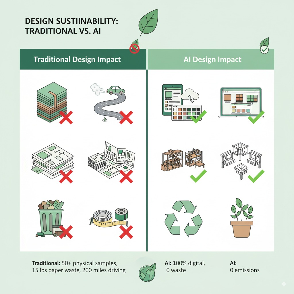 Vertical split infographic with green theme: LEFT SIDE "Traditional Design Impact" shows icons with red X marks: physical fabric sample books stacked high, car emissions from multiple consultation trips, printed floor plans and catalogs, furniture samples in warehouse, measuring tape and physical tools, waste bin full of discarded materials. RIGHT SIDE "AI Design Impact" shows icons with green checkmarks: tablet/laptop, cloud storage, digital color swatches, virtual furniture models, zero-waste process, and plants growing. At the bottom, statistics: "Traditional: 50+ physical samples, 15 lbs paper waste, 200 miles driving" vs "AI: 100% digital, 0 waste, 0 emissions". Include leaf icons and earth imagery.