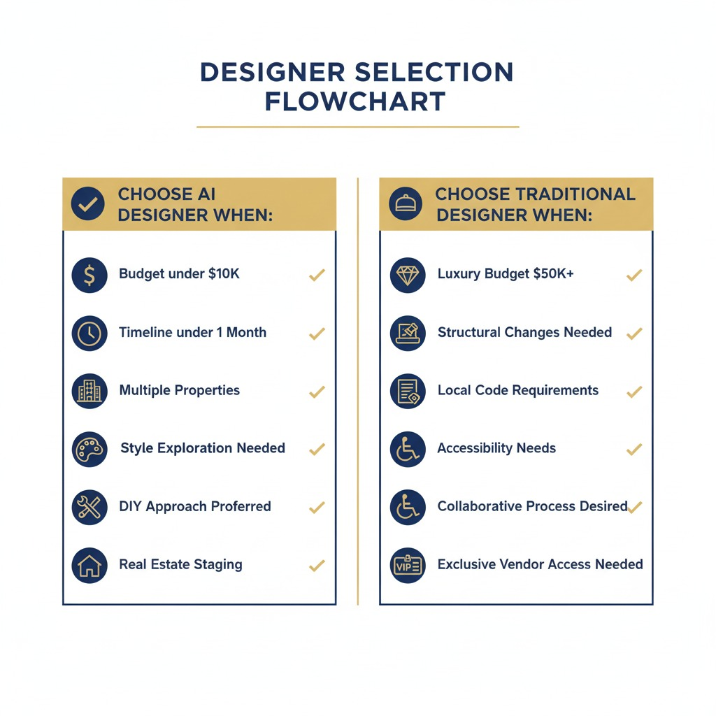 Professional decision-making flowchart with two columns: LEFT COLUMN "Choose AI Designer When:" with checkmark icons and scenarios: Budget under $10K (dollar sign icon), Timeline under 1 month (clock icon), Multiple properties (building icons), Style exploration needed (palette icon), DIY approach preferred (tools icon), Real estate staging (house icon). RIGHT COLUMN "Choose Traditional Designer When:" with designer hat icons and scenarios: Luxury budget $50K+ (diamond icon), Structural changes needed (blueprint icon), Local code requirements (legal document icon), Accessibility needs (wheelchair icon), Collaborative process desired (handshake icon), Exclusive vendor access needed (VIP icon). Use professional blue and gold color scheme with clear typography.