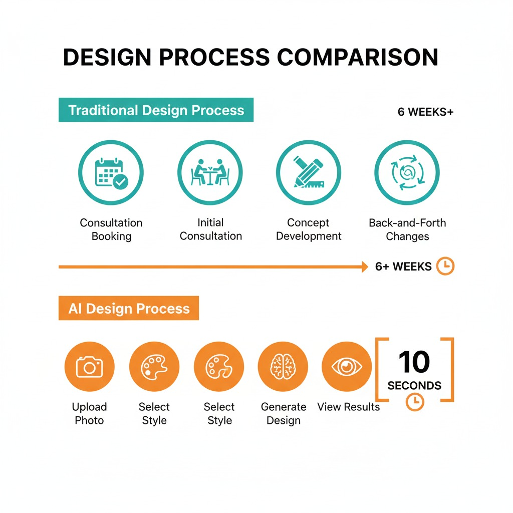 Detailed comparison infographic with modern flat design: TOP SECTION "Traditional Design Process" displays a lengthy horizontal timeline spanning 8-12 weeks with detailed icons: Week 1 (magnifying glass for research), Week 2-3 (handshake for designer meetings), Week 4-5 (ruler/pencil for measurements and sketches), Week 6-7 (fabric swatches for material selection), Week 8-10 (shopping cart for procurement), Week 11-12 (hammer for installation). BOTTOM SECTION "AI Design Process" shows a compressed timeline of just minutes: Step 1 (camera upload icon), Step 2 (palette selection), Step 3 (AI processing brain with gears), Step 4 (multiple design previews), all within a "5-10 minutes" timeframe. Use contrasting colors: traditional process in muted grays/browns, AI process in vibrant blues/greens. Include time savings callout: "Save 95% of planning time".