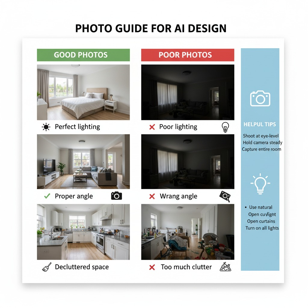Educational 2x3 grid comparison: LEFT COLUMN "GOOD PHOTOS" shows 3 examples: 1) Bright, naturally-lit bedroom shot from corner showing entire space, all windows and doors visible, clean and decluttered, with "✓ Perfect lighting" caption; 2) Living room photo taken at chest height, camera level, showing proper perspective with no tilting, labeled "✓ Proper angle"; 3) Kitchen with all surfaces clean, no personal items, architectural features clearly visible, marked "✓ Decluttered space". RIGHT COLUMN "POOR PHOTOS" shows 3 problematic examples: 1) Dark, shadowy room with closed curtains, harsh artificial lighting, labeled "✗ Poor lighting"; 2) Tilted/angled photo making room look distorted, marked "✗ Wrong angle"; 3) Cluttered space with personal items, laundry, dishes visible, captioned "✗ Too much clutter". Include helpful tips sidebar with camera and lighting icons.