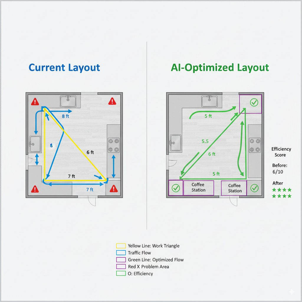 Technical kitchen analysis split-screen: LEFT SIDE "Current Layout" shows a traditional kitchen with the classic work triangle (sink-stove-refrigerator) highlighted in bright yellow lines with distance measurements (8 feet, 6 feet, 7 feet), traffic flow patterns in blue arrows showing movement paths, and problem areas marked with red warning icons indicating bottlenecks or inefficient spacing. RIGHT SIDE "AI-Optimized Layout" displays the same kitchen space reimagined with improved work triangle in green lines showing optimal distances (5-7 feet each leg), enhanced traffic flow with wider pathways shown in smooth green curves, additional work zones highlighted in purple (prep area, coffee station), and efficiency improvements marked with green checkmarks. Include a legend explaining the color coding and measurements, plus a sidebar showing "Efficiency Score: Before 6/10, After 9/10" with star ratings.