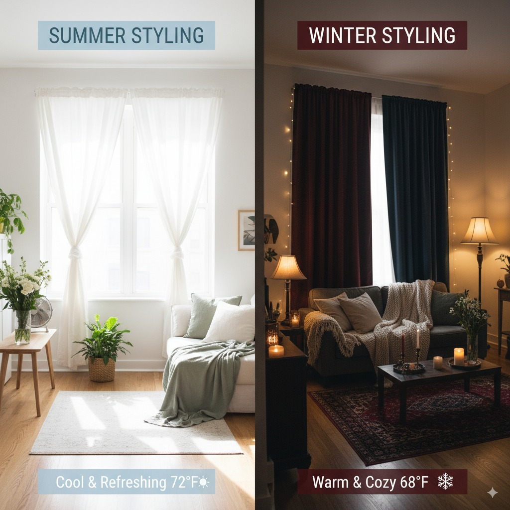 Seasonal transformation split-screen of identical studio apartment: LEFT SIDE "Summer Styling" features light, airy aesthetic with white/cream color palette, sheer curtains allowing maximum natural light, lightweight linen textiles, minimal furniture arrangement emphasizing open space, fresh plants and flowers, light wood accents, fans for cooling, and bright, energetic atmosphere with sunshine streaming through windows. RIGHT SIDE "Winter Styling" shows the same space transformed with warm, cozy elements: rich burgundy and navy textiles, heavy curtains for insulation, layered rugs for warmth, additional seating creating intimate conversation areas, warm lighting from multiple lamps, candles and fairy lights, thick throw blankets, deeper furniture arrangement, and rich wood tones creating a cocoon-like atmosphere. Include seasonal elements: summer shows open windows with breeze, winter shows closed windows with warm interior glow. Add temperature and mood indicators: "Cool & Refreshing 72°F" vs "Warm & Cozy 68°F".