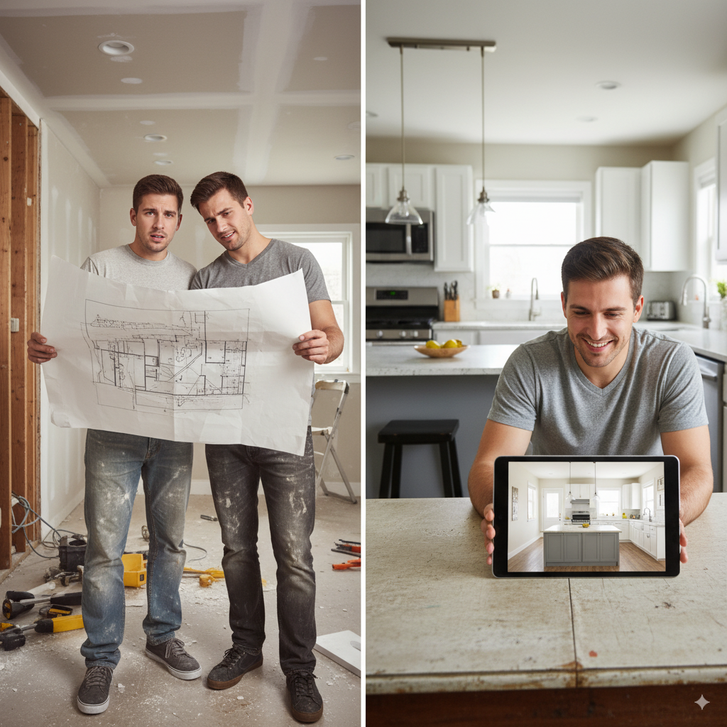 Split-screen image showing the contrast in renovation planning. Left side: A couple looks stressed in a dusty, chaotic kitchen mid-demolition, holding confusing paper blueprints. Right side: The same couple is relaxed and smiling, sitting in their old kitchen but looking at a tablet that displays a photorealistic AI-generated image of their completed, beautiful new kitchen.