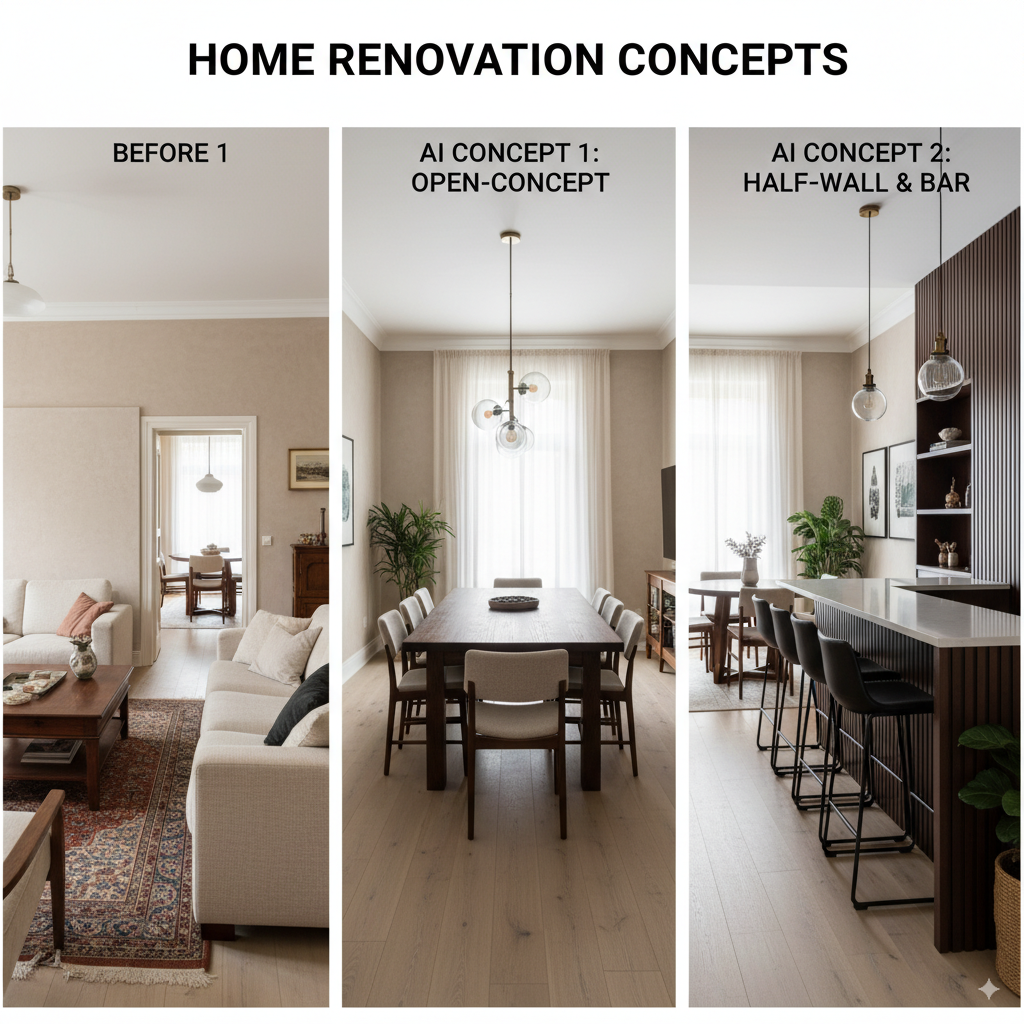 A three-panel "before-and-after" sequence. Panel 1 (Before): A standard living room with a solid wall separating it from the dining area. Panel 2 (AI Concept 1): The same room, AI-generated, with the wall completely removed, creating a spacious open-concept area with a large dining table. Panel 3 (AI Concept 2): The same room, AI-generated, but with a stylish half-wall and breakfast bar instead of a full wall, showing a different design possibility.