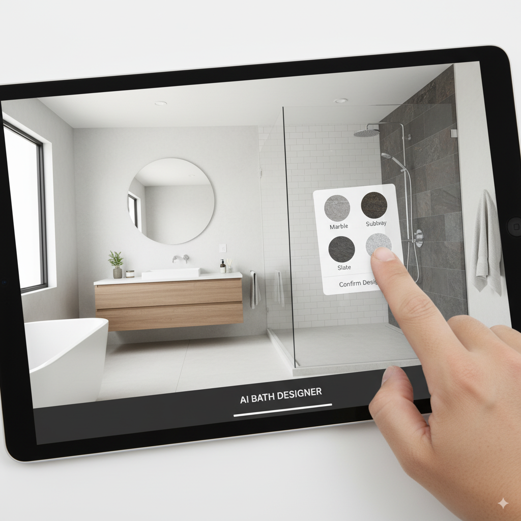 A close-up shot of a tablet screen displaying an AI-powered bathroom design. A user's finger is shown tapping on the shower tile, and a pop-up menu appears with different tile options (marble, subway, mosaic, slate). The main image instantly reflects the change from a simple white subway tile to a luxurious dark slate, demonstrating the ease of testing materials.