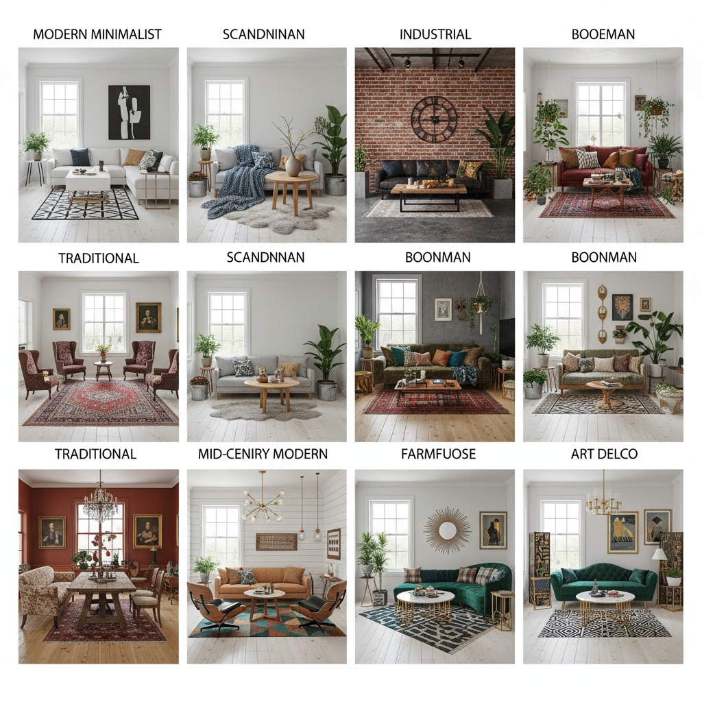 2x2 grid showcasing versatility of virtual staging using identical empty dining room: TOP LEFT "Modern" - sleek white/black color scheme, minimalist dining table with chrome legs, contemporary pendant lighting, geometric wall art, clean lines throughout; TOP RIGHT "Traditional" - warm wood dining table with upholstered chairs, classic chandelier, rich burgundy and gold accents, formal china cabinet, elegant window treatments; BOTTOM LEFT "Scandinavian" - light oak table with simple chairs, hygge-inspired textiles, natural lighting, plants, white/beige color palette, cozy minimalism; BOTTOM RIGHT "Bohemian" - eclectic mix of patterns and textures, colorful tapestries, vintage furniture pieces, hanging plants, warm earth tones, layered rugs and textiles. Each quadrant clearly labeled with style name and includes a "Target Buyer" annotation (Young Professionals, Empty Nesters, Millennials, Artists/Creatives).