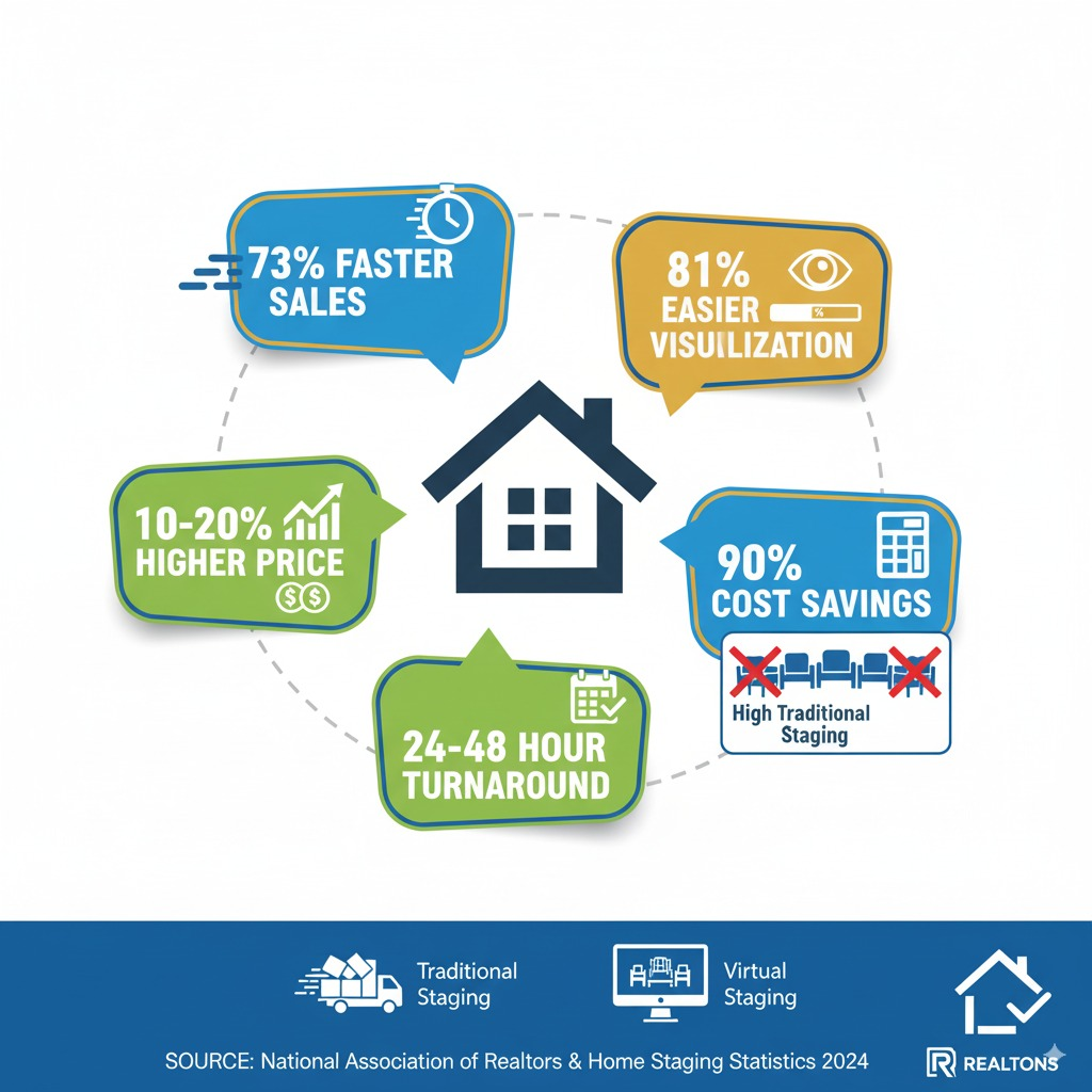 Professional statistics infographic with real estate theme: Large central house icon surrounded by compelling data points in colorful callout bubbles: "73% FASTER SALES" with clock icon and speed lines, "10-20% HIGHER PRICE" with upward trending graph and dollar signs, "81% EASIER VISUALIZATION" with eye icon and percentage bar, "90% COST SAVINGS" with calculator and crossed-out expensive traditional staging costs, "24-48 HOUR TURNAROUND" with calendar and checkmark icons. Include small icons representing traditional vs virtual staging (physical furniture truck vs computer/digital icons). Bottom banner shows "SOURCE: National Association of Realtors & Home Staging Statistics 2024" with official-looking logos. Use professional blue, green, and gold color scheme with clean, modern typography.