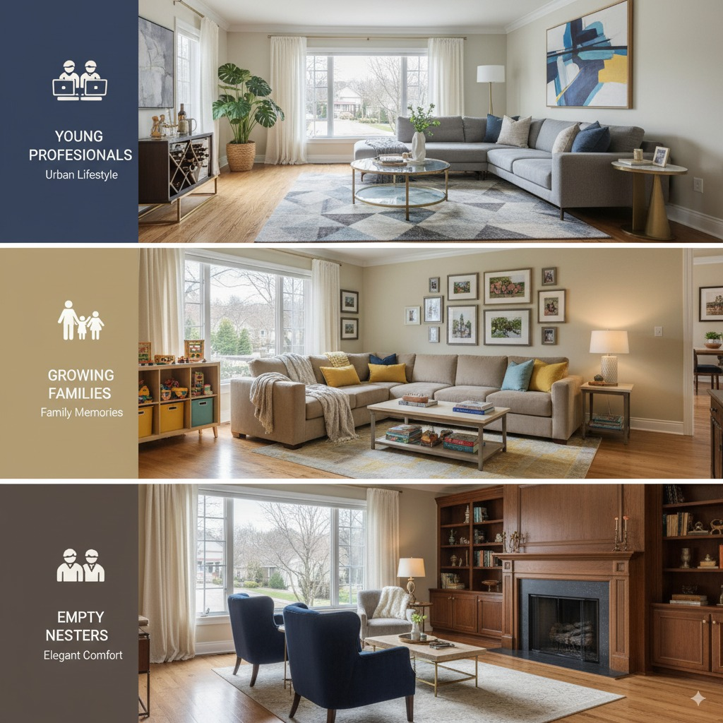 Strategic buyer targeting gallery: Three versions of identical suburban living room tailored for specific demographics. TOP PANEL "Young Professionals" - modern aesthetic with sleek sectional, glass coffee table, contemporary art, tech-friendly setup with charging stations, wine bar area, bold accent colors, and urban sophistication appeal. MIDDLE PANEL "Growing Families" - comfortable, durable furniture with rounded edges, spacious seating for gatherings, toy storage solutions, family photos, warm colors, coffee table books about parenting, and child-safe materials throughout. BOTTOM PANEL "Empty Nesters" - refined, sophisticated furnishings with classic elegance, quality over quantity approach, reading nooks, fine art, antique accents, comfortable seating for two, and mature aesthetic reflecting established lifestyle. Each panel includes buyer persona icons and key messaging: "Urban Lifestyle," "Family Memories," "Elegant Comfort."