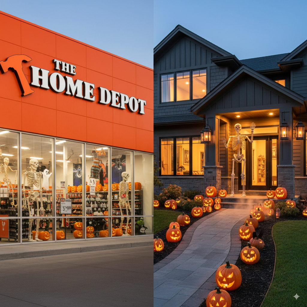 Split-screen hero image: Left side shows Home Depot's iconic orange storefront with Halloween displays visible through large windows, featuring towering skeletons and spooky decorations. Right side shows a beautifully decorated modern home exterior at dusk with warm lighting, featuring Home Depot Halloween items seamlessly integrated: giant skeleton positioned on the front porch, glowing jack-o'-lanterns lining the walkway, and gothic lanterns creating atmospheric lighting. The contrast shows the transformation from store to stunning home display.