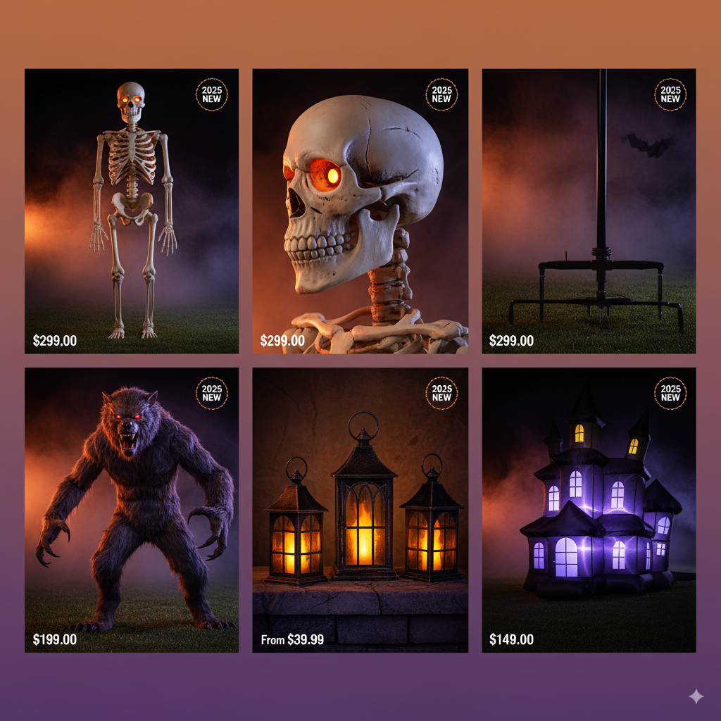 Product showcase grid featuring Home Depot's top Halloween items: Top row shows three views of the 12-foot giant skeleton - front view showing full imposing height, side detail of improved LED glowing eyes, and installation view showing new anchoring system. Bottom row displays the 6-foot animated werewolf in action pose with glowing eyes and moving parts, the gothic lantern collection with warm flickering LED flames, and the inflatable haunted house with internal lighting. Each item has price tags and "2025 NEW" badges. Use dramatic lighting with orange and purple color scheme.