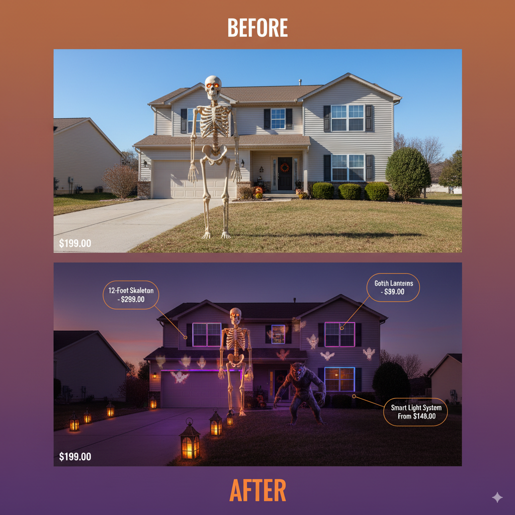 Before and after transformation of a suburban home: BEFORE shows a plain two-story house with basic landscaping in daylight. AFTER shows the same house at dusk completely transformed with Home Depot Halloween decorations: the 12-foot skeleton positioned dramatically on the front lawn, animated werewolf crouched behind landscaping, gothic lanterns lining the driveway, projection lights casting spooky shadows on the house facade, and the smart light system creating synchronized color displays across windows and eaves. Include small callout boxes highlighting specific products with their prices.