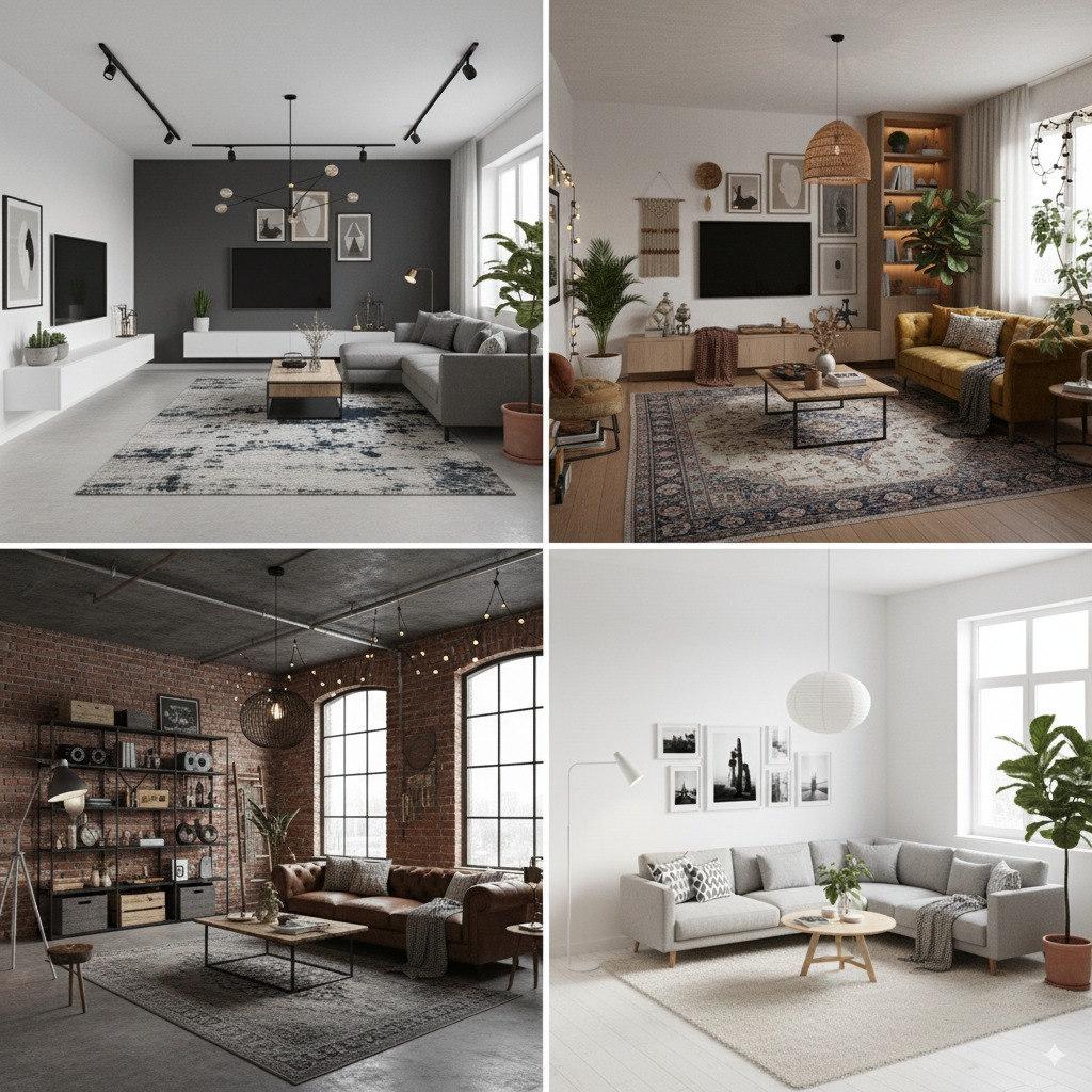 Grid showing 4 different AI-generated styles of the same living room - Modern, Bohemian, Industrial, and Scandinavian