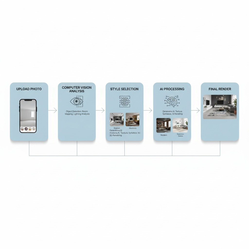 Infographic: Visual flowchart showing the AI process - Upload Photo → Computer Vision Analysis → Style Selection → AI Processing → Final Render