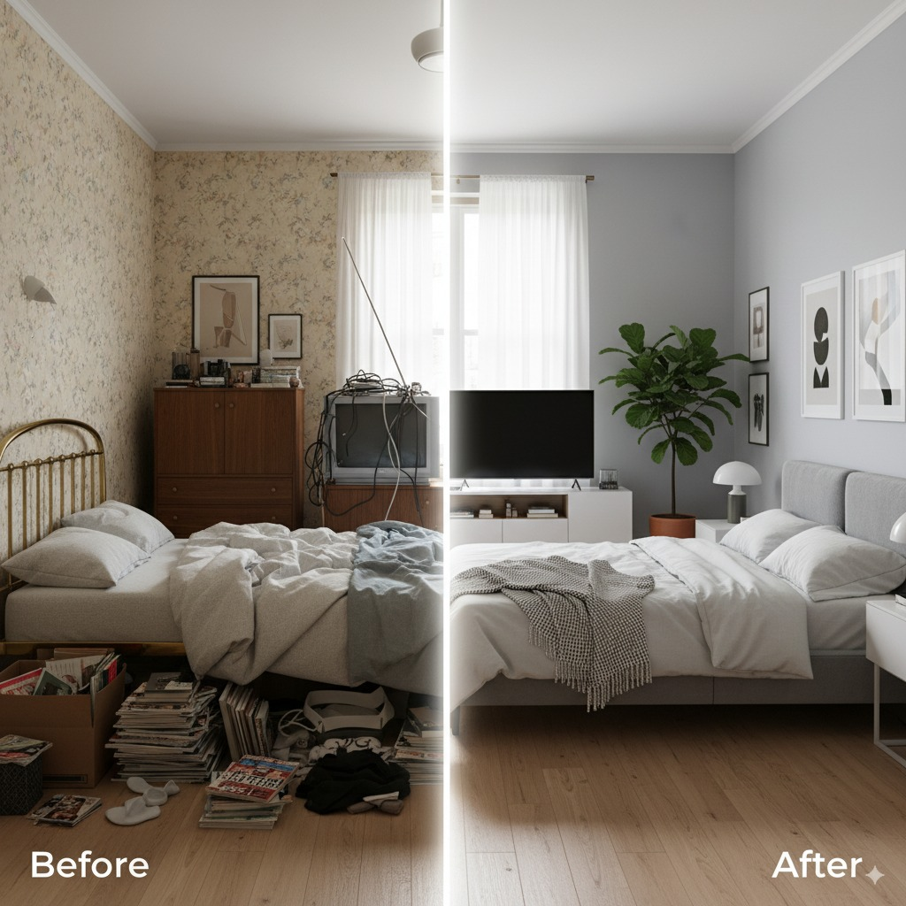Before/After comparison showing a cluttered, outdated bedroom transformed into a modern, organized space