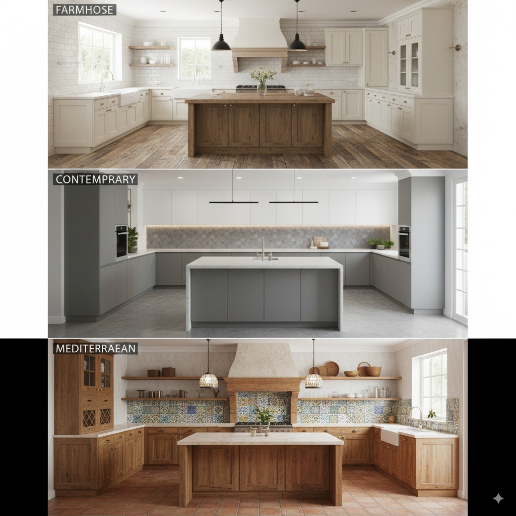 Split-screen showing the same kitchen in 3 different styles - Farmhouse, Contemporary, and Mediterranean