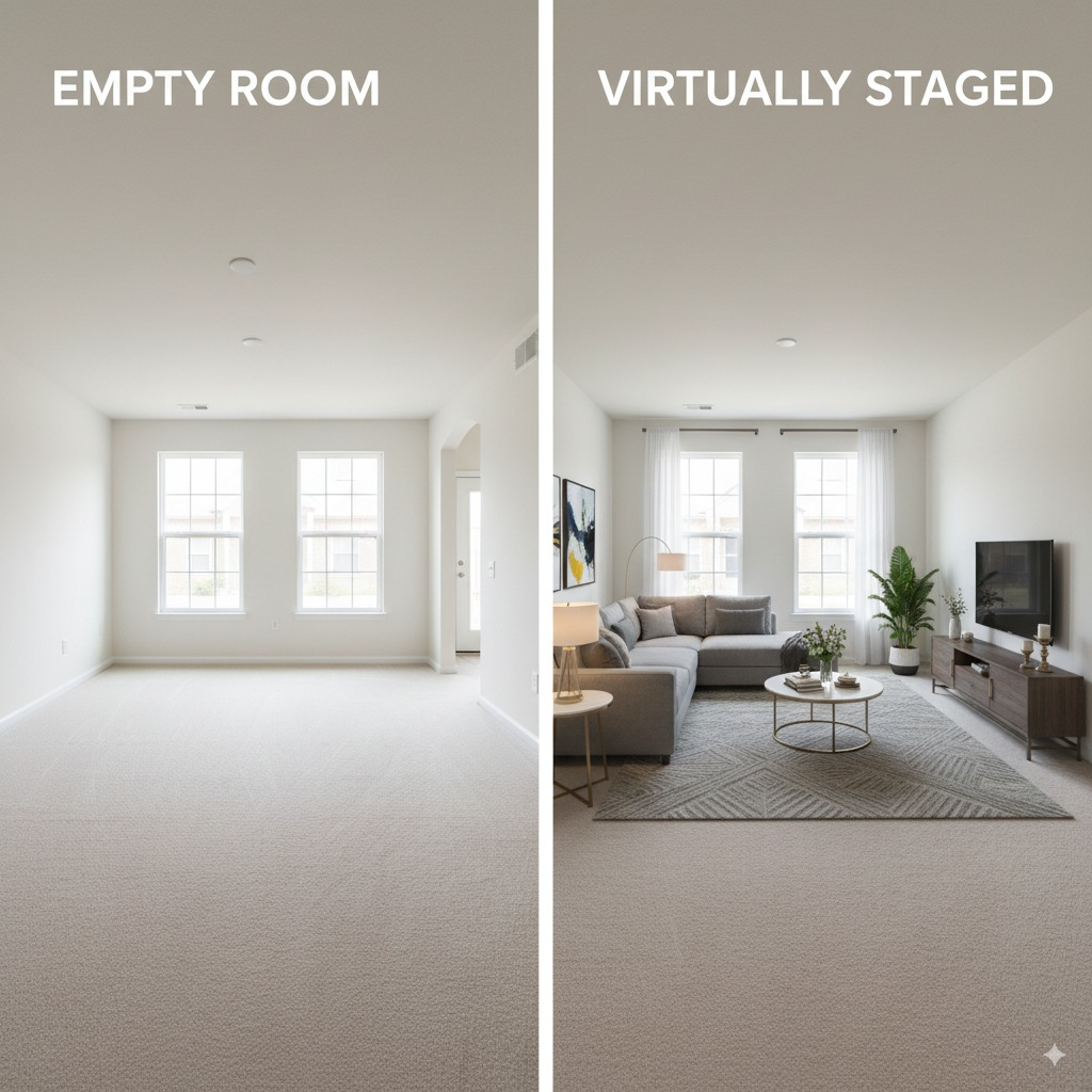 Real estate listing comparison showing an empty living room vs. the same room virtually staged with furniture and decor