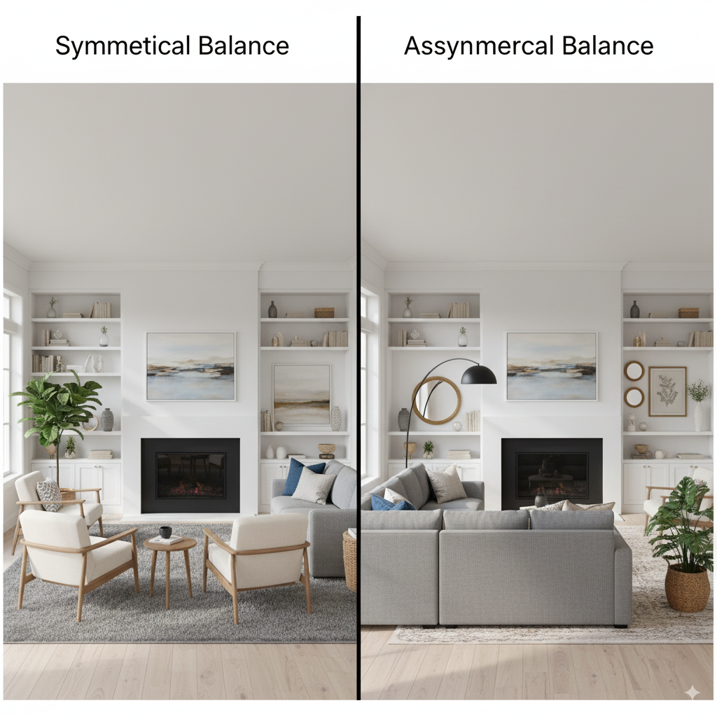 A split-image infographic. The left side shows a living room with perfect Symmetrical Balance: a central fireplace, flanked by identical bookcases, with a matching pair of armchairs. The right side shows the same room arranged with Asymmetrical Balance: the fireplace is still central, but on one side is a large sectional sofa, and on the other is a single armchair, a floor lamp, and a large plant, creating a visually balanced but not identical layout.