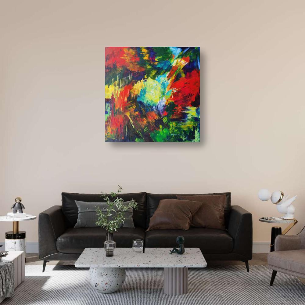 A dramatic living room where a bold, colorful abstract painting above the sofa serves as the undeniable focal point. The rest of the room's decor is more neutral, with colors pulled from the artwork into the throw pillows, ensuring the painting remains the star.