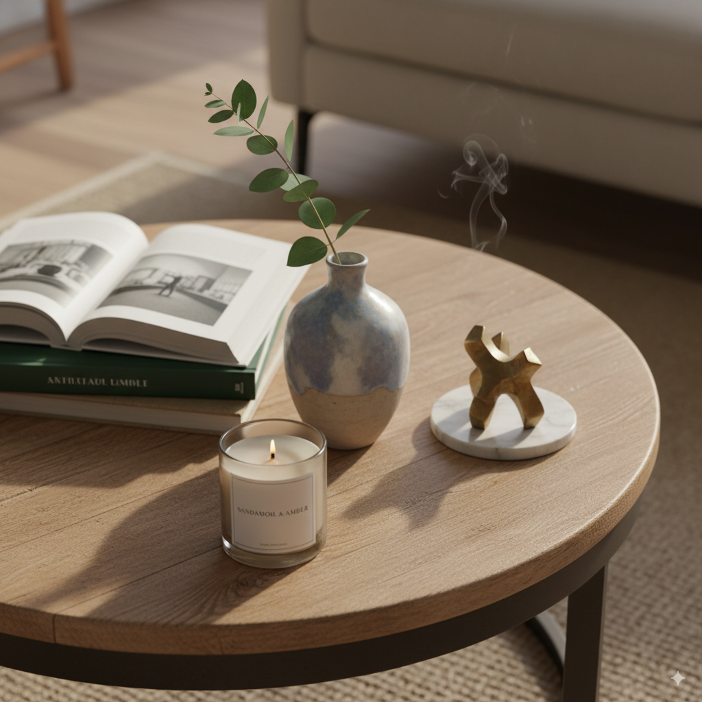 A close-up, beautifully styled shot of a bookshelf or coffee table. It shows a curated collection of objects: a small stack of art books, a unique ceramic vase with a single green stem, a small brass sculpture, and a scented candle. The image highlights how small details create a rich, personal atmosphere.